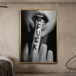 fuck wall art, bedroom wall art, woman middle finger, erotic canvas, middle finger, sex decor, wall art canvas design, framed ready to hang image 1