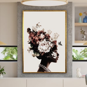 floral head woman poster, black woman head flowers wall art, african american canvas art, black art, canvas design, framed ready to hang