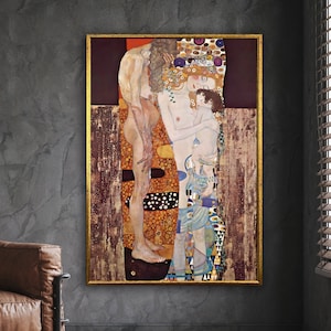 the three ages of woman - gustav klimt canvas wall art, natural modern wooden, wall art canvas design,framed canvas,ready to hang