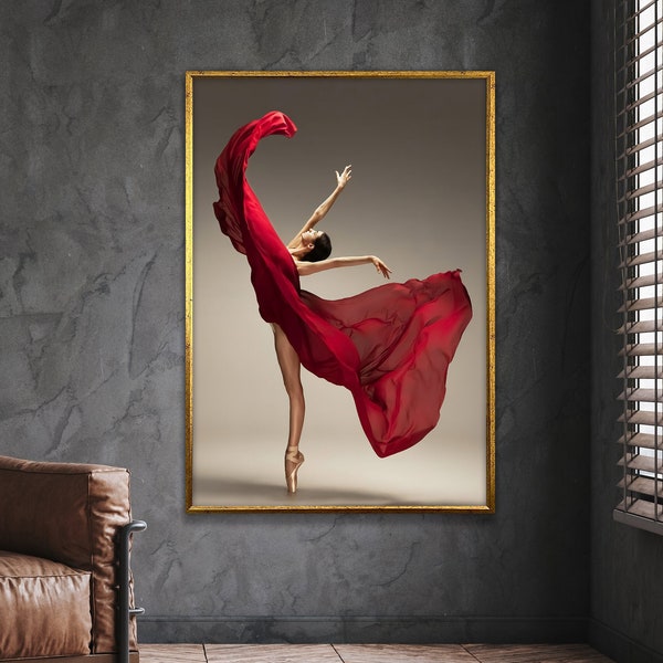 danseuse en robe rouge, peinture de danse, art de toile de danseur, décor abstrait, grande toile d'art, conception de toile d'art de mur, encadré prêt à accrocher