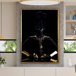 black queen vertical poster, gold lip black woman, woman art poster, beauty black woman poster wall art canvas design, framed ready to hang