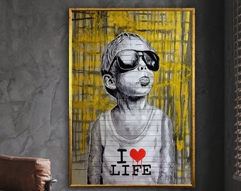 i love life poster, peace graffiti art, grafiiti wall art, colorful graffiti, boy poster, wall art canvas design framed ready to hang