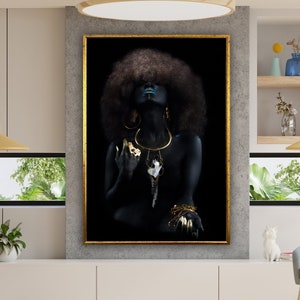 african woman canvas painting, black woman canvas print, ethnic woman art, gold jewelry wall art canvas design, framed canvas ready to hang