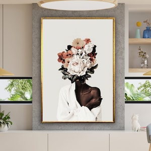 花柄の女性の頭のキャンバス、黒人女性の頭の花の壁アート、アフリカ系アメリカ人のキャンバスアート、黒人アート、キャンバスデザイン、額入りですぐに掛けられる