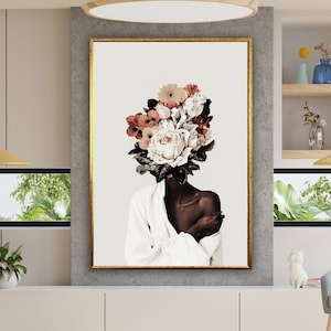 floral head woman canvas, black woman head flowers wall art, african american canvas art, black art, canvas design, framed ready to hang