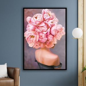 pink flower woman, pink rose woman, flower canvas print, floral canvas, fashion poster, wall art canvas design, framed canvas ready to hang