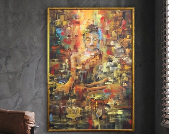 arte de pared de buda, decoración de pared hindú de patna, estudio de yoga, deco de meditación, signo om, artesanía espiritual, arte de chakra, arte zen, lienzo enmarcado