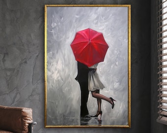 paar knuffelen canvas kunst, vrouw met paraplu canvas print, paar canvas schilderij, muur kunst canvas design, ingelijst canvas, klaar om op te hangen