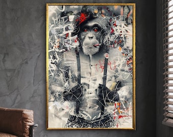 aap man canvas, kleurrijke aapkunst, dierenwanddecor, aap, kunst aan de muur woonkamer, kunst aan de grote muur, ingelijst canvas, klaar om op te hangen