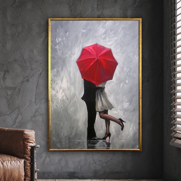 couple hugging canvas art, woman with umbrella canvas print, couple canvas painting, wall art canvas design, framed canvas, ready to hang