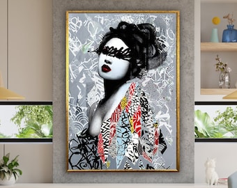 Banksy art print, graffiti, japanese woman art, geisha wall art, graffiti art print, asian art,kimono art canvas design framed ready to hang