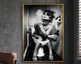 girl on the toilet canvas print, graffiti art, pop art, graffiti wall decor, wall art canvas design, framed canvas ready to hang
