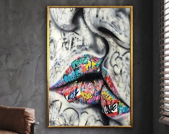 Banksy Couple Canvas, Lip Poster, Wall Art Canvas Design, Ready To Hang Decoration