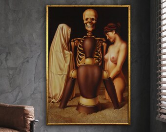 スケルトンのシュールなキャンバスプリント、スケルトンのポスター、壁アートのキャンバスデザイン、すぐに掛けられる額入りキャンバス