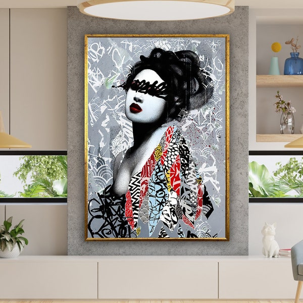 Banksy art print, graffiti, Japanse vrouwenkunst, geisha kunst aan de muur, graffiti art print, Aziatische kunst, kimono art canvas design ingelijst klaar om op te hangen