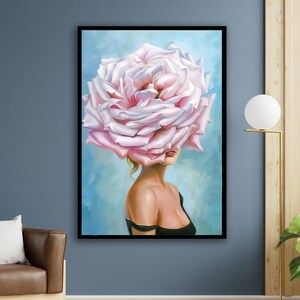 pink flower woman, pink rose woman, flower canvas print, floral canvas, fashion poster, wall art canvas design, framed canvas ready to hang