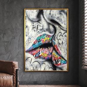 Lienzo de pareja Banksy, cartel de labios, diseño de lienzo de arte de pared, decoración lista para colgar