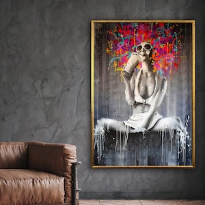 Frau Graffiti Kunst, Street Pop modern, Mode Poster Malerei Leinwanddruck, Graffiti Poster, Wandkunst Design gerahmt fertig zum Aufhängen
