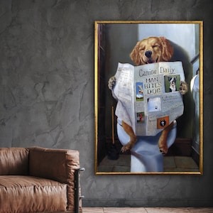 Jornal de leitura de cachorro, arte em tela para animais de estimação, pintura em tela para animais de estimação, design de arte em tela, tela emoldurada, decoração pronta para pendurar