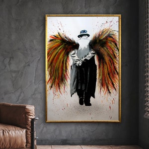 homme avec un décor de toile d'ailes d'ange, toile d'ange d'homme, art abstrait de mur, toile d'art de mur, art d'ange, conception d'art de toile, toile encadrée