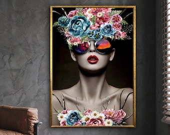 woman with flower head canvas painting, roses and woman canvas print, flower woman poster, flowers and woman art,woman glasses,framed canvas