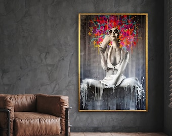 woman graffiti art, street pop modern, fashion poster painting canvas print, graffiti poster, wall art canvas design framed ready to hang
