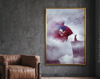 surreal woman canvas, surreal fish art, canvas wall art, surreal print, surreal poster, wall art canvas design, framed canvas ready to hang