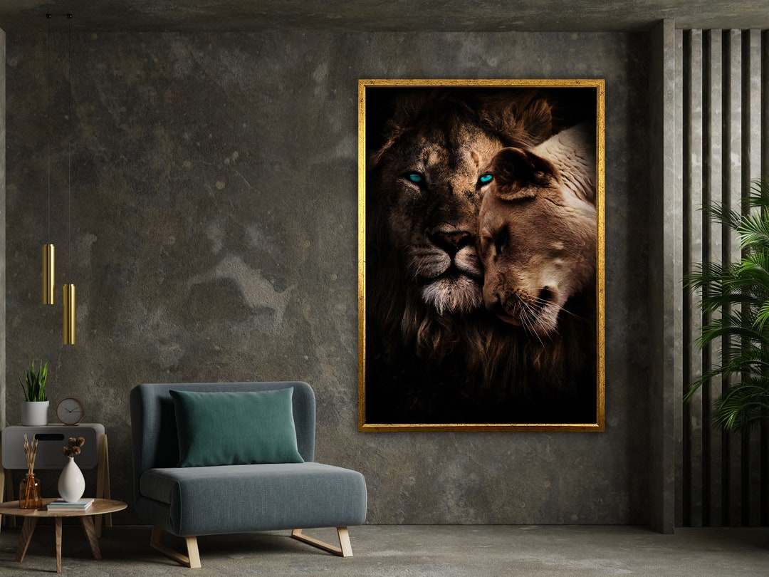 Lion Couple Canvas Print Art, Lion Love, Lion Hugging Each Other Canvas ...