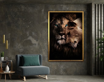 lion couple canvas print art, lion love, lion hugging each other canvas wall decor, framed canvas ready to hang