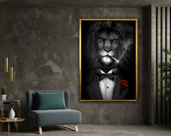 edele manen leeuw canvas, leeuwenman rokende sigaar in pak canvas, muurkunst canvas ontwerp, ingelijst canvas klaar om op te hangen