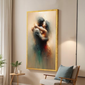 Peut inclure: Impression d'art abstrait d'un couple s'embrassant et s'embrassant. L'œuvre présente une palette de couleurs chaudes avec un cadre doré. Les figures sont rendues dans un style pictural texturé, en mettant l'accent sur la connexion émotionnelle.
