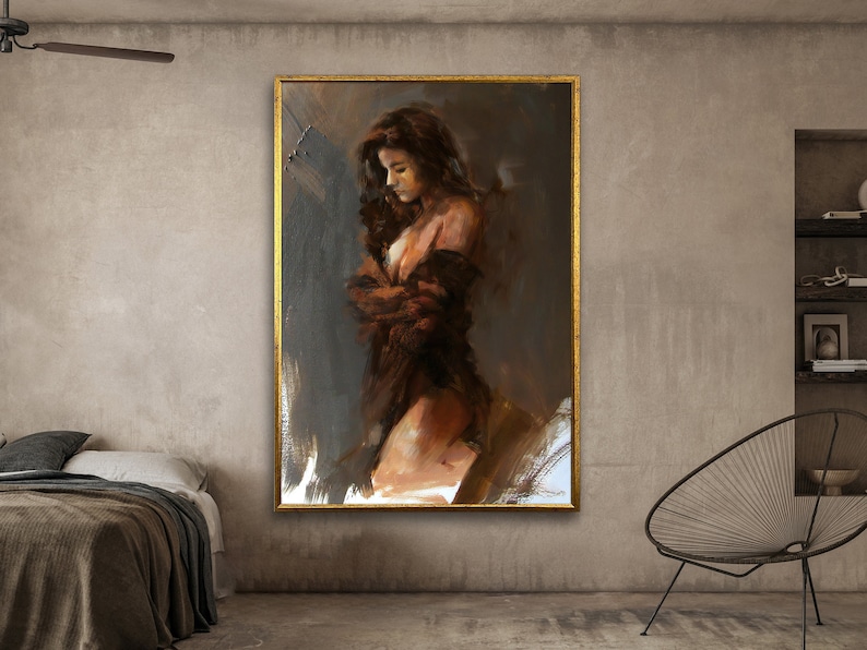 sexy woman canvas painting, nude woman wall art,erotic canvas painting, painting for bedroom, wall art canvas design.framed ready to hang image 1