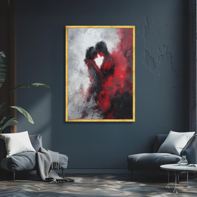 Abstract paar omarmen canvas, romantisch rood zwart schilderij, moderne liefdeskunst, muurdecor, canvas emotionele expressie afbeelding 2