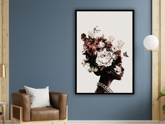 Stampa Su Tela Afroamericana Ragazza Nera Con Rose - Quadro Astratto Moderno Per Decorazione Pareti, Opera D'Arte Incorniciata Per Camera Da Letto O Ufficio