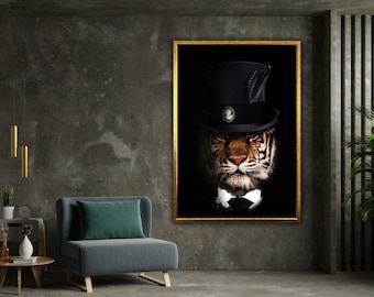 May include: A tiger wearing a black top hat with a feather and a bow tie. The tiger is looking directly at the viewer. The image is in a gold frame and set against a dark background.