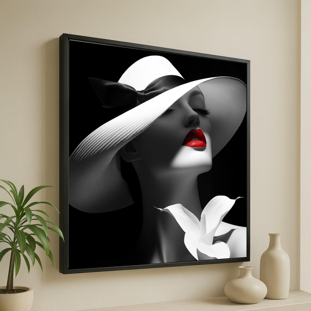 Elegant Woman in White Hat Canvas, Black and White Portrait Wall Art ...