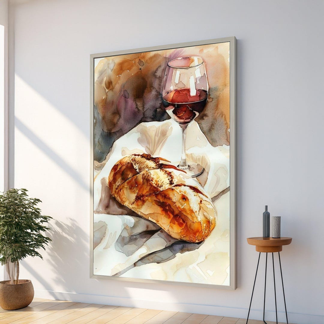 Rustic Bread and Wine Canvas, Still Life Wall Art, Cozy Kitchen Decor ...