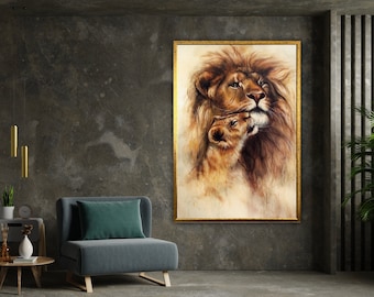 lion and lioness family canvas print wall art wild animal family picture for living room,wall art canvas design, framed canvas ready to hang