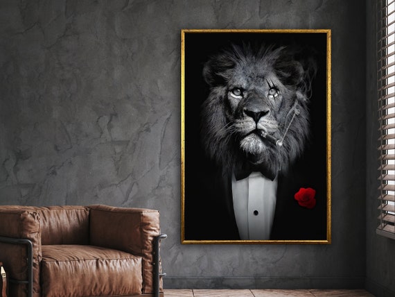 Lion Man Smoking Cigar in Suit Canvas, Wall Art Home Decoration Painting  Poster Print, Framed Canvas, Ready to Hang Decoration