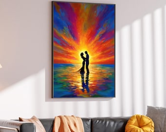 Romantic Sunset Canvas, Lovers Silhouette Wall Art, Colorful