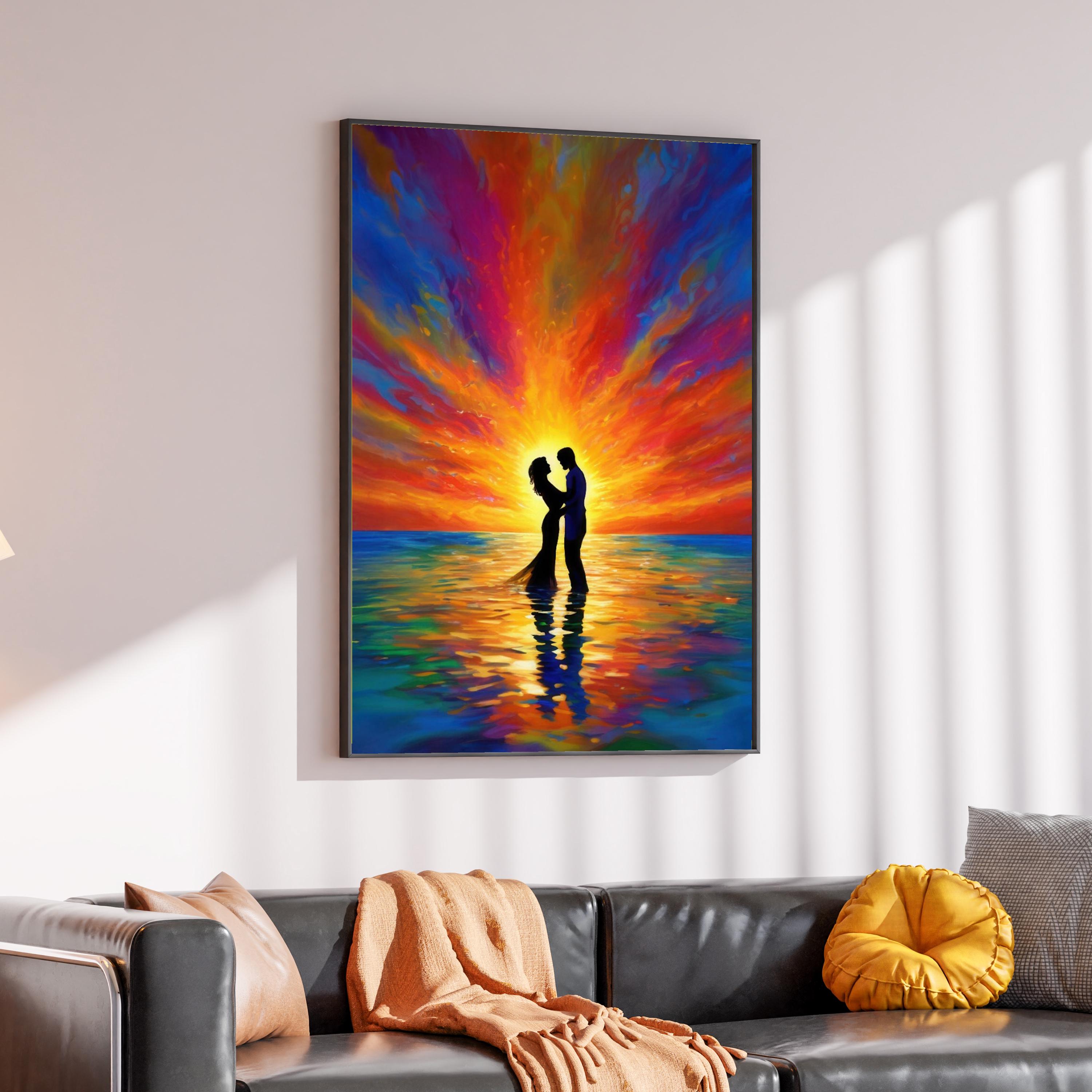 Romantic Sunset Canvas, Lovers Silhouette Wall Art, Colorful