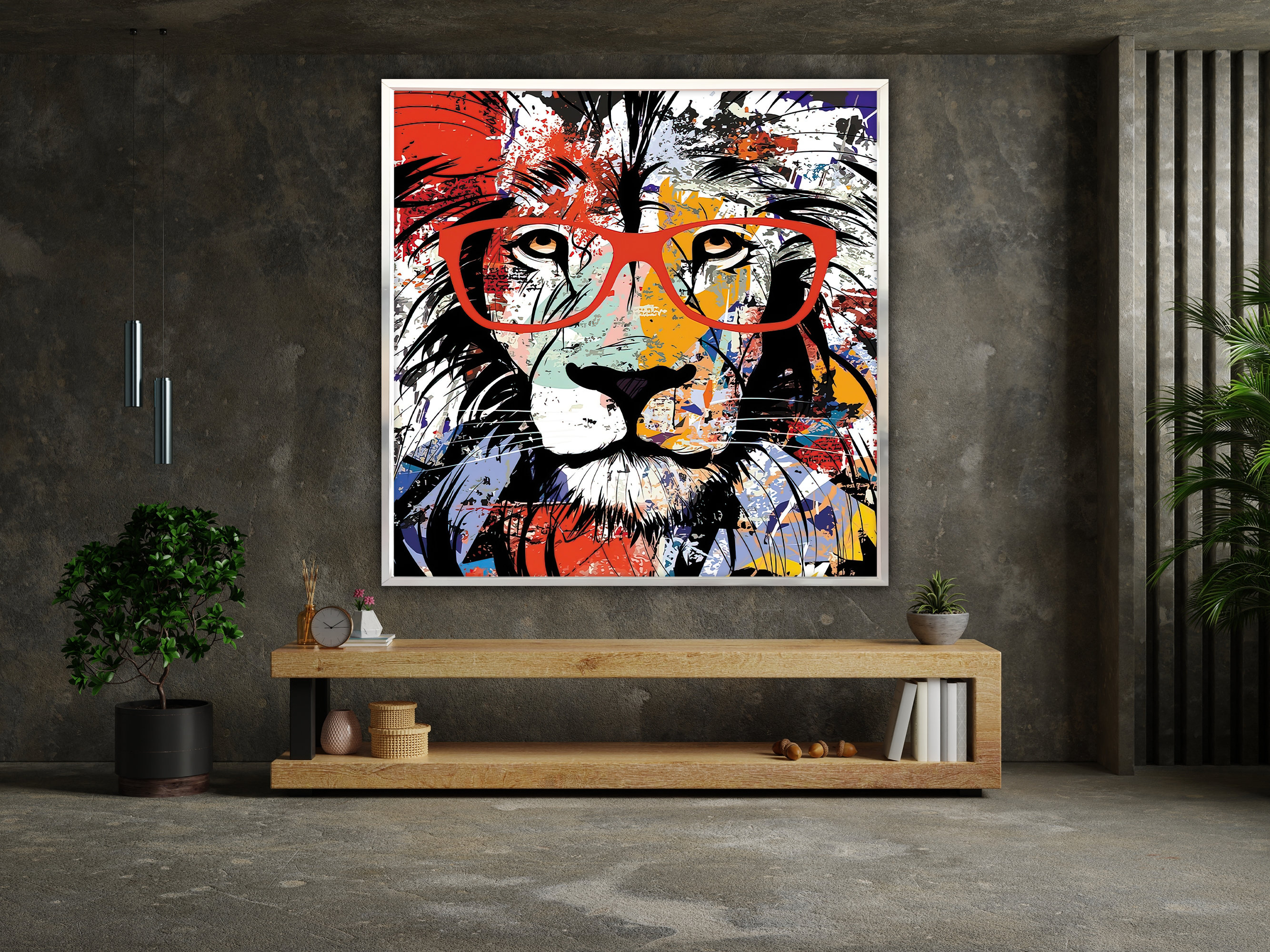 Lion Canvas Print , Graffiti Art Lion , Glasses Lion Decor, Animal ...