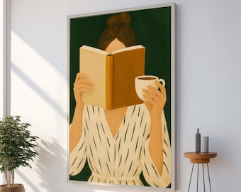 Gezellige ochtendlezing canvas, vrouw met boek en koffie, ontspannende kunst aan de muur thuis, minimalistische levensstijlschilderij, warm herfstdecor