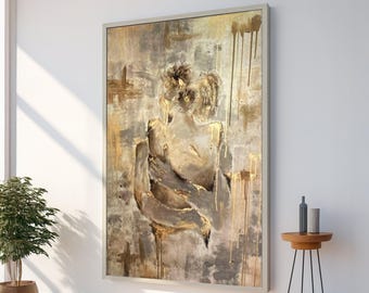 Embrace of Souls abstract canvas, romantische knuffel kunst aan de muur, schilderij van intieme geliefden, gouden accent interieur, canvas emotionele expressie