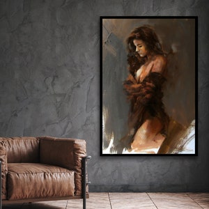 May include: A painting of a woman in a brown dress, with her hair pulled back, looking down. The painting is done in a painterly style, with loose brushstrokes and a soft, muted color palette.
