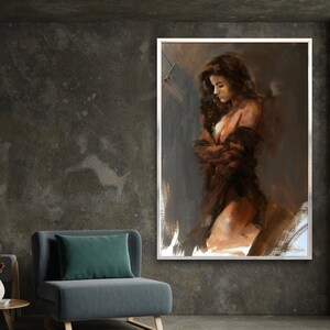 May include: A painting of a woman in a brown dress, standing in a dimly lit room. The woman is looking down and her hair is long and dark. The painting is done in a realistic style and has a soft, muted color palette.
