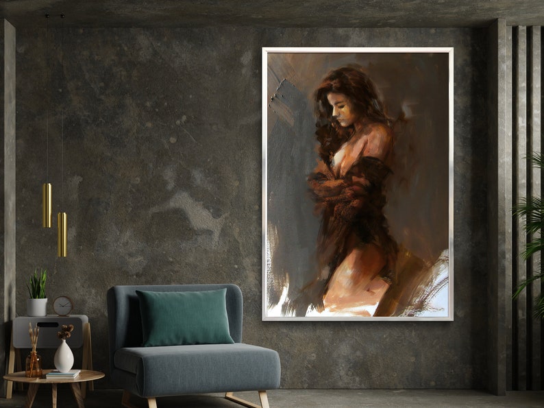 May include: A painting of a woman in a brown dress, standing in a dimly lit room. The woman is looking down and her hair is long and dark. The painting is done in a realistic style and has a soft, muted color palette.