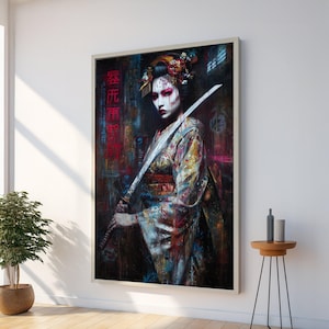 May include: Large framed artwork featuring a geisha holding a katana sword. The geisha wears a colorful kimono and has elaborate hair and makeup. Red Japanese text is visible on the left side of the artwork. The background has a dark, urban aesthetic.