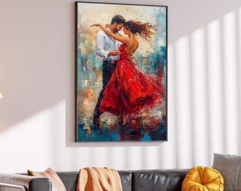 Passionate Dance Canvas, Romantic Couple in Red Dress, Wall Art Canvas Design, Dance Lovers Decor, Ready To Hang Decoration