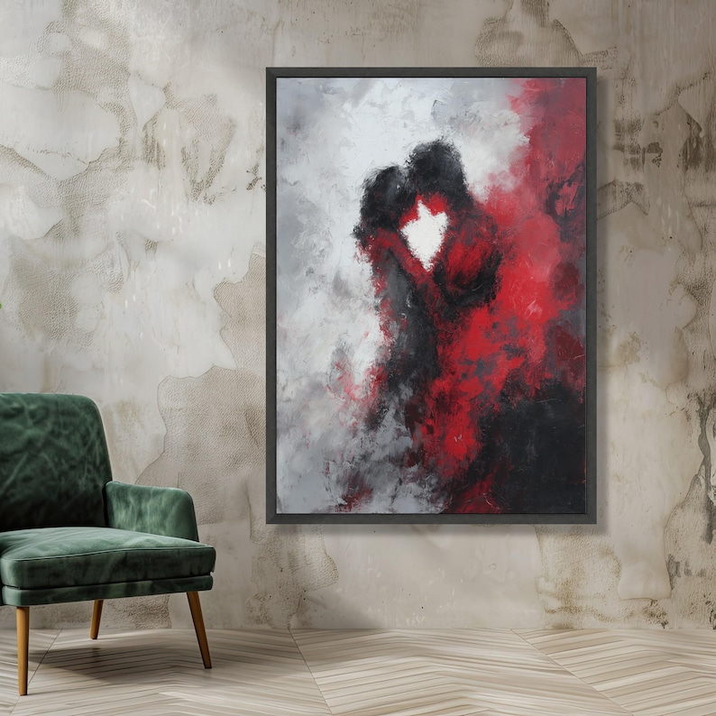 Abstract paar omarmen canvas, romantisch rood zwart schilderij, moderne liefdeskunst, muurdecor, canvas emotionele expressie afbeelding 3